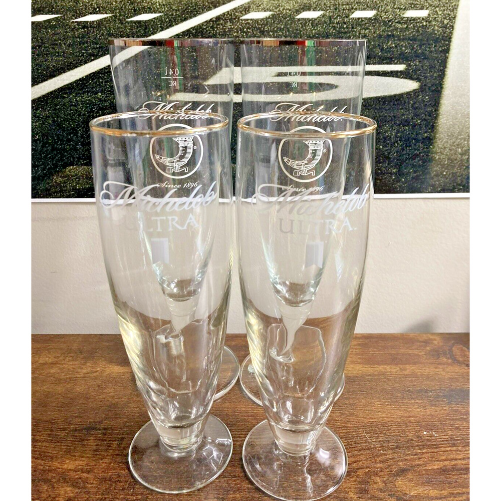 Michelob Ultra Beer Champagne Flute Glass Gold Silver Rim 2 Sets Never Used 0.4L